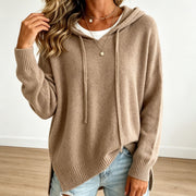 Damen Oversize-Kapuzensweater aus feinem Strick mit gerippten Bündchen Nord Taschen – Khaki