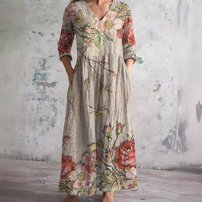 Damen-Maxikleid aus Leinen mit Blumenmuster und V-Ausschnitt