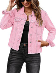 Damen Kurz geschnittene Denim-Jacke mit fransigem Saum und Brusttaschen Nord Taschen – Pink