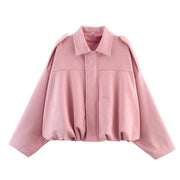 Damen Oversize Cropped Veloursblouson mit Tunnelzug-Bund und Schulterpatten Nord Taschen – Rosa