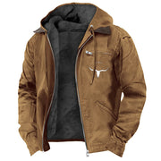 Herren Gefütterte Kapuzen-Lederjacke mit Teddyfutter und Brustreißverschlusstasche Nord Taschen – Camel 【Stierkopf-Print】