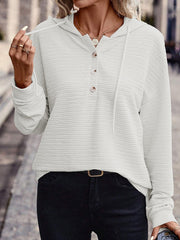 Damen Texturierter Kapuzenpullover mit Knopfleiste und Oversize-Schnitt Nord Taschen – Weiß