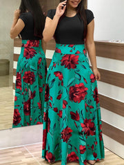 Damen Fließender Maxirock mit hoher Taille und großem Blumenprint Nord Taschen – Grün-Schwarz Kurzarm