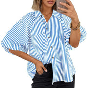 Damen Oversize Hemdbluse mit Ballonärmeln und vertikalem Streifenmuster Nord Taschen – Himmelblau