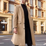 Herren Eleganter langer Wollmixmantel mit schlanker Silhouette und klassischem Revers Nord Taschen – Khaki
