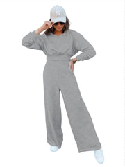 Damen Loungewear-Set mit Cropped V‑Ausschnitt-Pullover und hochtaillierter Palazzohose Nord Taschen – Grau