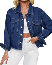 Damen Kurz geschnittene Oversize-Jeansjacke mit rohem Saum und aufgesetzten Brusttaschen Nord Taschen – Dunkelblau