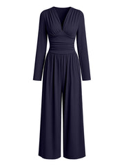 Damen Eleganter V‑Ausschnitt Jumpsuit mit tailliertem Wickelbund und weitem Hosenbein Nord Taschen – Marineblau