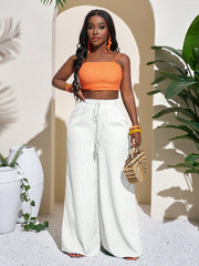 Damen Palazzo-Hose mit hohem Bund, elastischem Kordelzug und weitem Bein Nord Taschen – Weiß