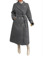 Damen Doppelreihiger Wollmix-Mantel mit weitem Schalkragen und Bindegürtel Nord Taschen – Grau