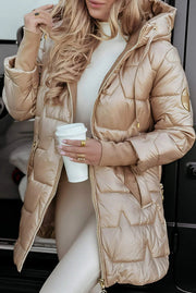 Damen Glänzende Steppjacke mit Kapuze, Kordelzug und leicht tailliertem Schnitt Nord Taschen – Khaki