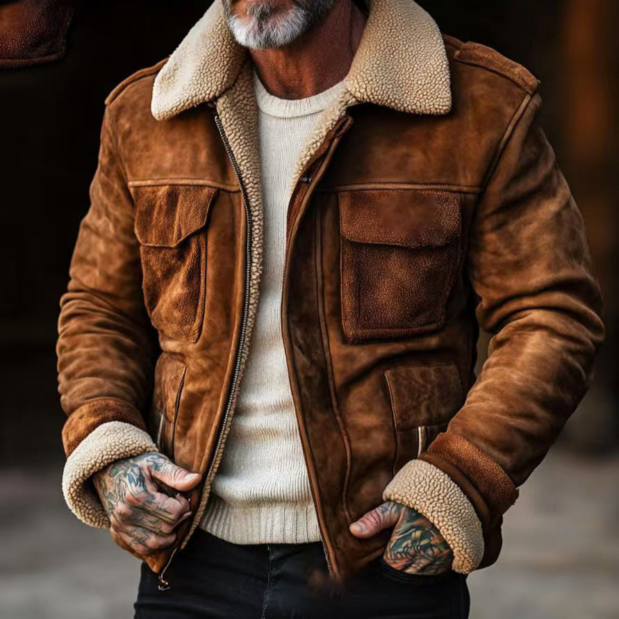 Herren Vintage-Lederjacke mit Teddyfellkragen und praktischen Taschen Aliams