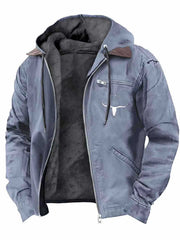 Herren Gefütterte Kapuzen-Lederjacke mit Teddyfutter und Brustreißverschlusstasche Nord Taschen – Navyblau [Stierkopf-Print]