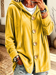 Damen Oversize Kapuzen-Samtjacke mit großen Holzknöpfen und weichem Veloursfutter Nord Taschen – Gelb