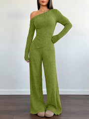 Damen Asymmetrisches Strick-Lounge-Set mit One-Shoulder-Oberteil und weitem Bein Nord Taschen – Grasgrün