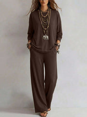 Damen Loungewear-Set mit weitem Bund und Oversize-Langarmshirt Nord Taschen – Kaffeebraun
