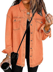 Damen Oversize Jeanshemdjacke mit Fransensaum Nord Taschen – Chrysanthemengelb