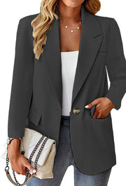 Damen Longline-Blazer im Oversize-Stil mit markantem Revers, Metallknopf und Pattentaschen Nord Taschen – Dunkelgrau