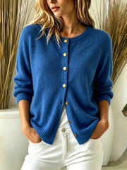 Damen Kuscheliger Strickcardigan mit Rundhalsausschnitt und goldenen Zierknöpfen Nord Taschen – Blau