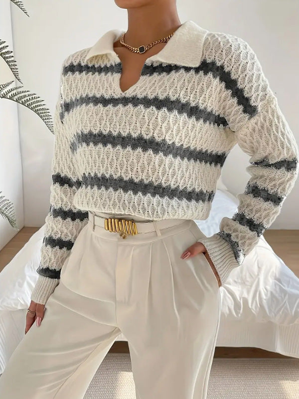 Strickpullover mit Kragen | Strukturmuster | Gestreifter Look