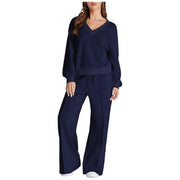 Damen Lässiges V-Ausschnitt Freizeit-Set mit weiter Jogginghose Nord Taschen – Navyblau