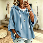 Damen Kurzarm-Oversize-Hoodie mit Kapuze und Kontrastkordel Nord Taschen – Himmelblau