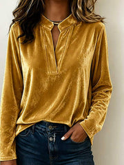 Damen Samtbluse mit Stehkragen, tiefem V-Ausschnitt und lockerem Langarm-Schnitt Nord Taschen – Gold
