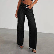 Damen Hochbund-Jeans mit weitem Bein und ausgefranstem Saum Nord Taschen – Schwarz
