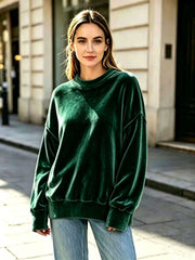 Damen Weicher Oversize-Samtpullover mit hohem Rundhals und überschnittenen Ärmeln Nord Taschen – Dunkelgrün