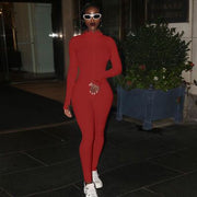 Damen Figurbetonter Rippstrick-Overall mit Stehkragen und Frontreißverschluss Nord Taschen – Rot – Lang
