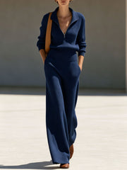 Damen Rippstrick-Set mit halbem Reißverschluss und weiten Palazzo-Hosen Nord Taschen – Marineblau