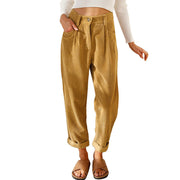 Damen lässige Cordhose mit hoher Taille, lockerer Tapered-Passform und umgeschlagenem Saum Nord Taschen – Khaki