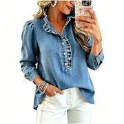 Damen Jeansbluse mit Rüschenkragen und Ballonärmeln Nord Taschen – Mittelblau