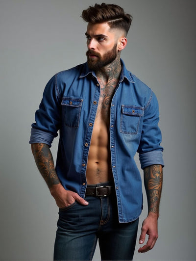 Herren lässige Denim-Hemdjacke mit zwei aufgesetzten Taschen Aliams