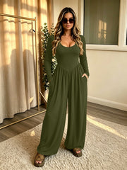 Damen Langer Jumpsuit mit weitem Bein, tiefem Rundhals und Eingrifftaschen Nord Taschen – Olivgrün