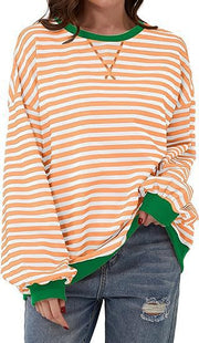 Damen Gestreifter Oversize Pullover mit Kontrastbündchen Nord Taschen – Apricot - Sofortversand