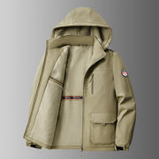 Herren gefütterte Softshell-Winterjacke mit Kapuze und Multifunktionstaschen – Khaki