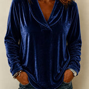 Damen Samt-Longsleeve mit tiefem V-Ausschnitt und lässigem Saum Nord Taschen – Dunkelblau