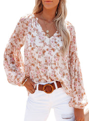 Damen Bluse mit floralen Mustern und V-Ausschnitt – Weiß