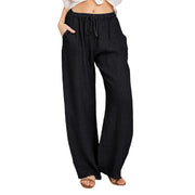 Damen Sommerliche Leinen-Palazzohose mit elastischem Bund, Seitentaschen und weitem Bein Nord Taschen – Schwarz