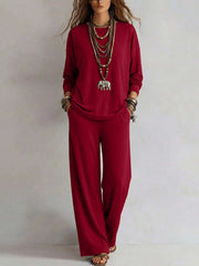 Damen Loungewear-Set mit weitem Bund und Oversize-Langarmshirt Nord Taschen – Weinrot