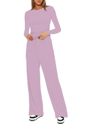 Damen Figurbetontes Longsleeve mit seitlicher Raffung und High-Waist Palazzo-Jogginghose Set Nord Taschen – Rosa