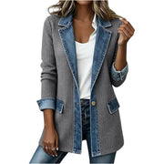 Damen Strickblazer mit Jeansbesatz und Reverskragen Nord Taschen – Grau