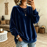 Damen Oversize-Samtpullover mit weitem Schnitt und geripptem Saum Nord Taschen – Marineblau
