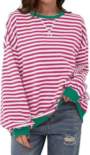 Damen Gestreifter Oversize Pullover mit Kontrastbündchen Nord Taschen – Fuchsia - Versand heute