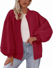 Damen Oversize Bomberjacke mit Ballonärmeln und durchgehendem Reißverschluss Nord Taschen – Weinrot