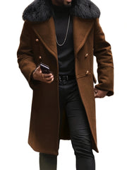 Herren Doppelreihiger Wollübermantel mit voluminösem Schafsfellkragen und goldenen Zierknöpfen Nord Taschen – Dunkelbraun