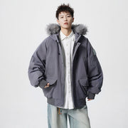 Herren Wattierter Oversize-Parka mit Kunstfellkapuze und Utility-Taschen Nord Taschen – Grau