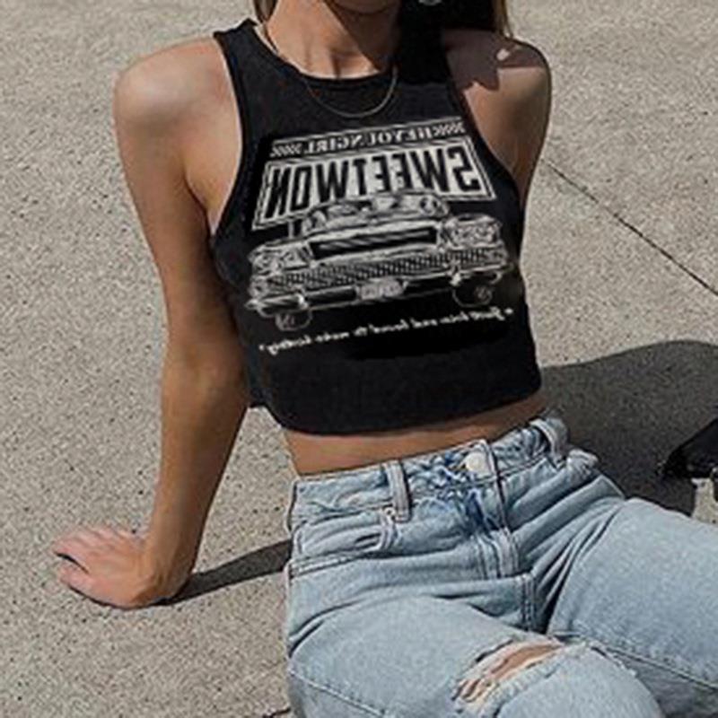 Trendiges Damen Crop-Top mit Auto-Print und Rundhalsausschnitt – Maila