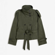 Damen Kurz geschnittener Trench‑Cape mit abnehmbaren Ärmeln, Stehkragen und Doppelreiher Nord Taschen – Olivgrün